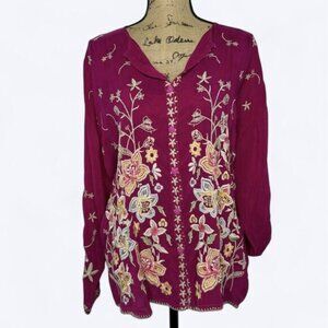 Johnny Was Jenai Button Front Blouse Size M Pink Floral Embroidered Peasant Boho
